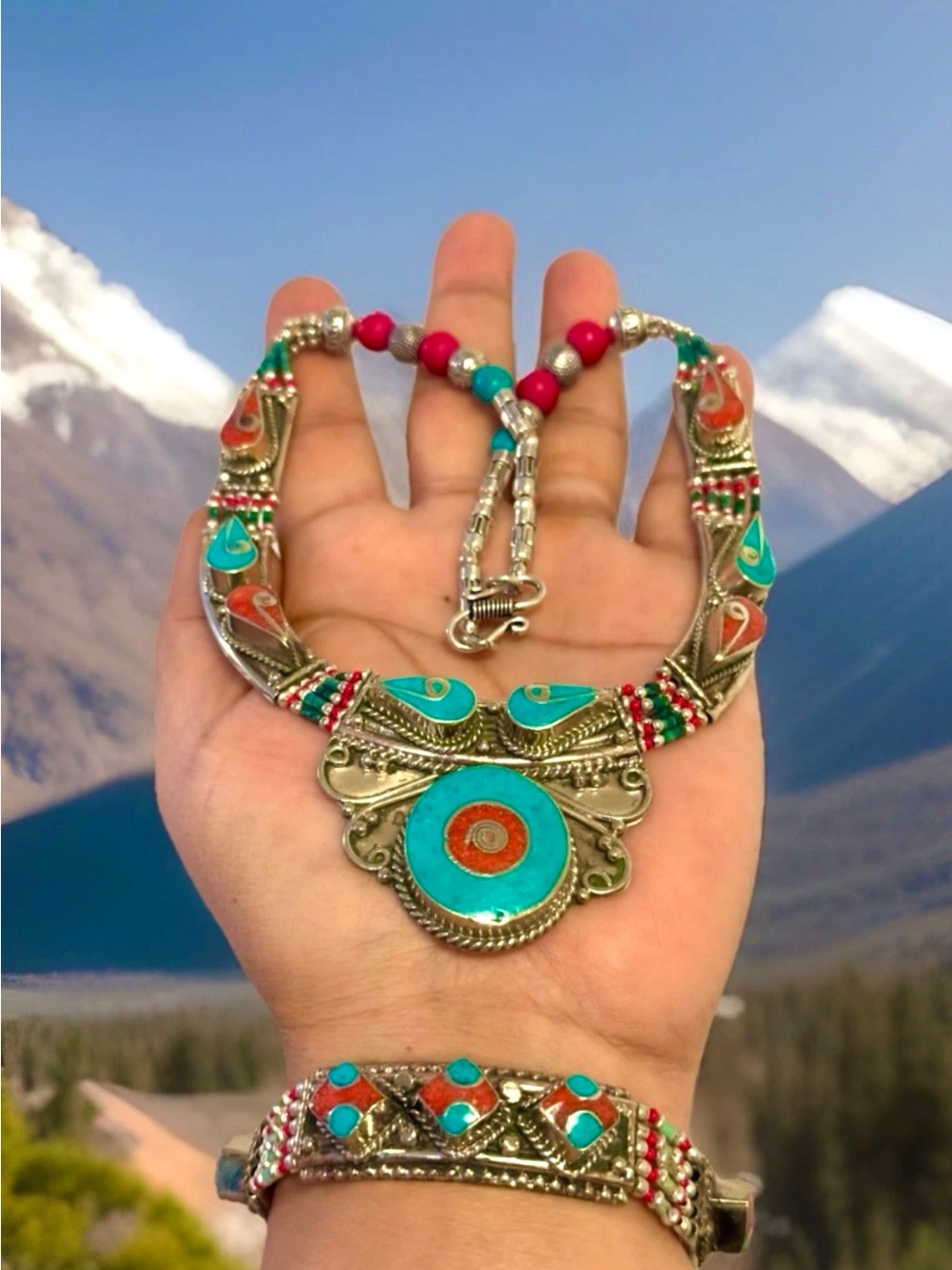Handcrafted Ethnic Tribal Style Statement Necklace Inlay Stone Set In Silver 18”